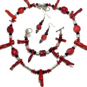 Handmade Jewelry Set by Surdigirl - Jewelry Set - Red Coral, Black Glass